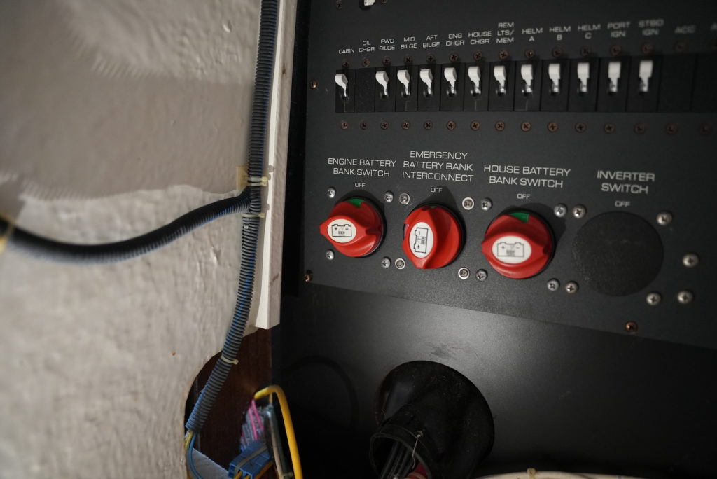 Marine battery bank control center with switches and breakers