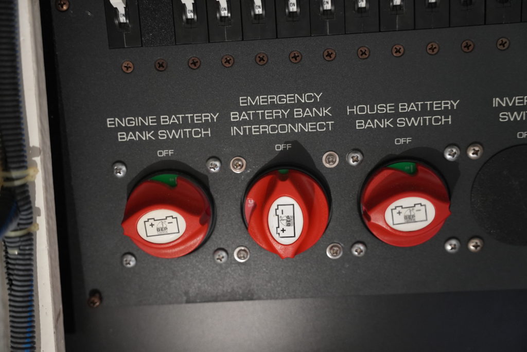 engine battery and house battery bank switches in a boat