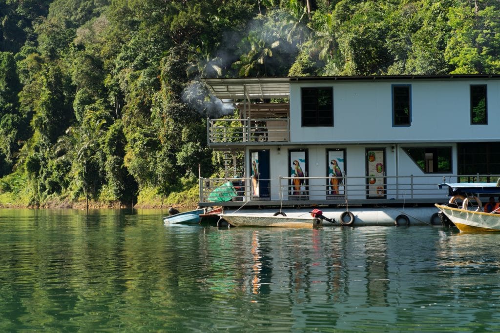 Houseboat crusing through the lake with mountain view