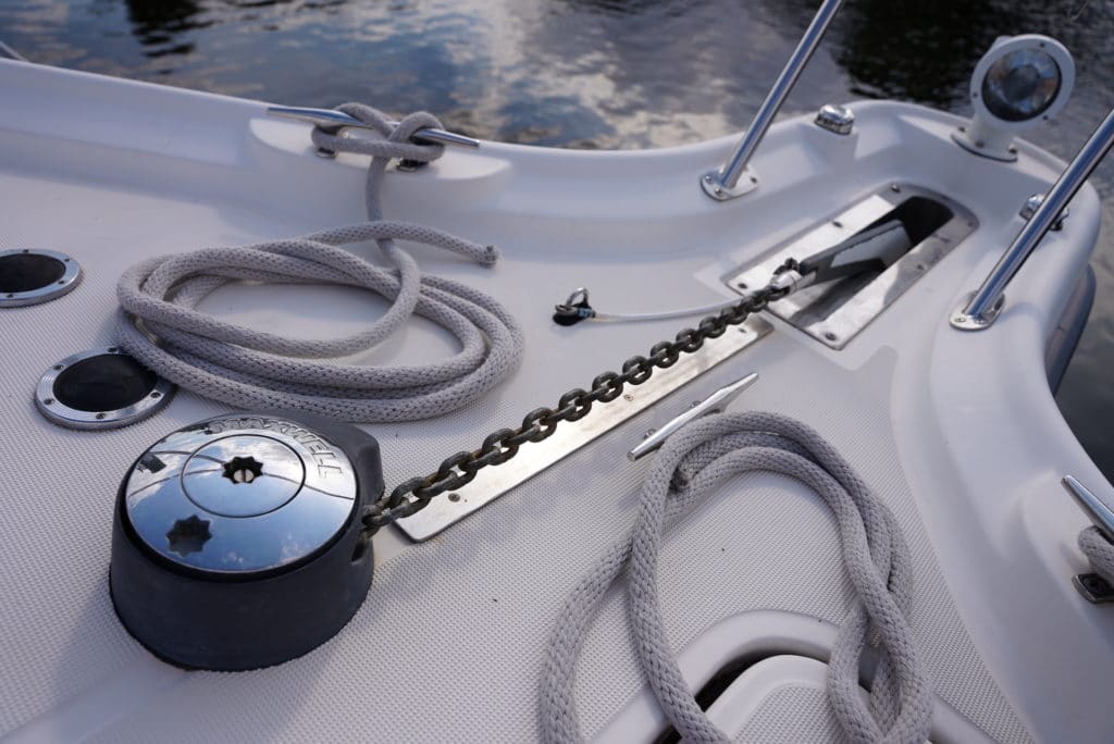 windlass on the front of a boat