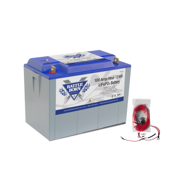 Product shot of a 100 amp hour 12 volt heated LiFePO4 battery by Battle Born Batteries.