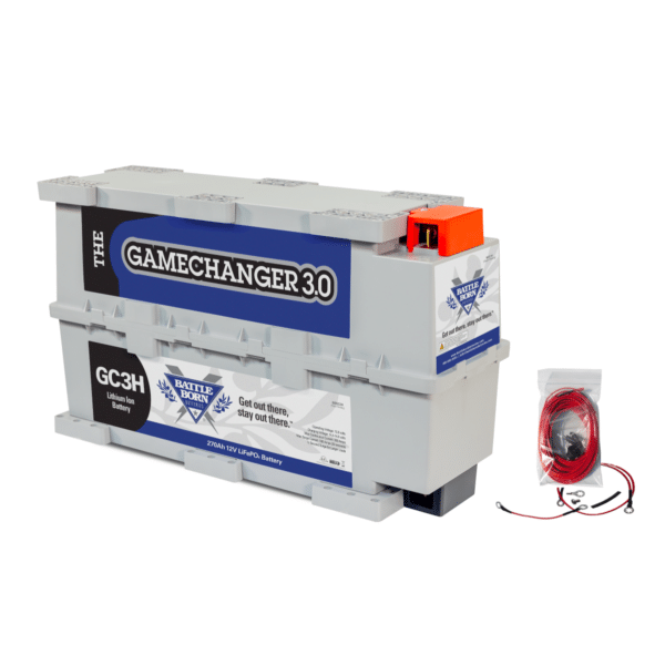 A Battle Born GameChanger 3.0 heated battery displayed with a temperature control wire set, designed for reliable use in cold environments.