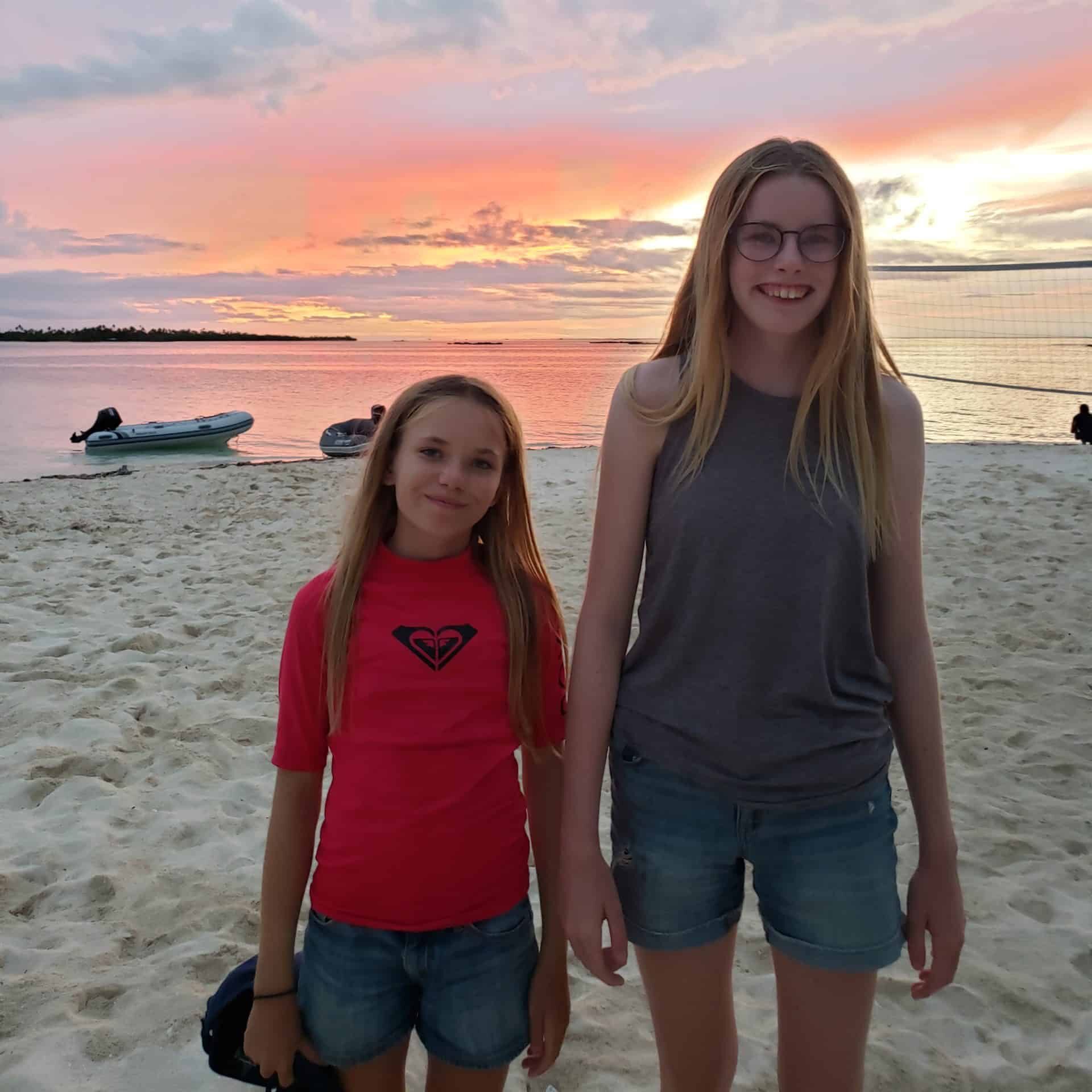Pippa and Isla on an Island at Sunset