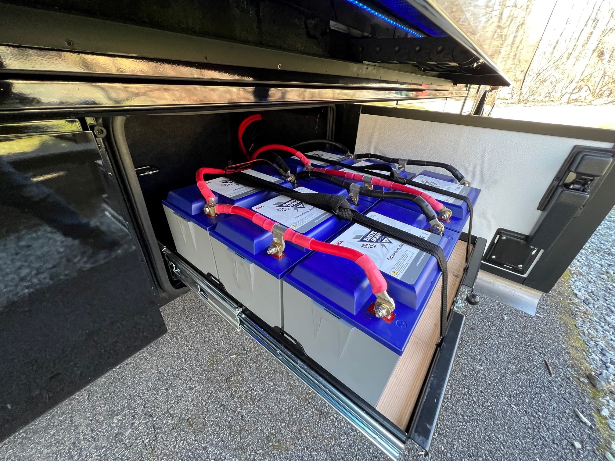 Battle Born Batteries in a slide out compartment of an RV