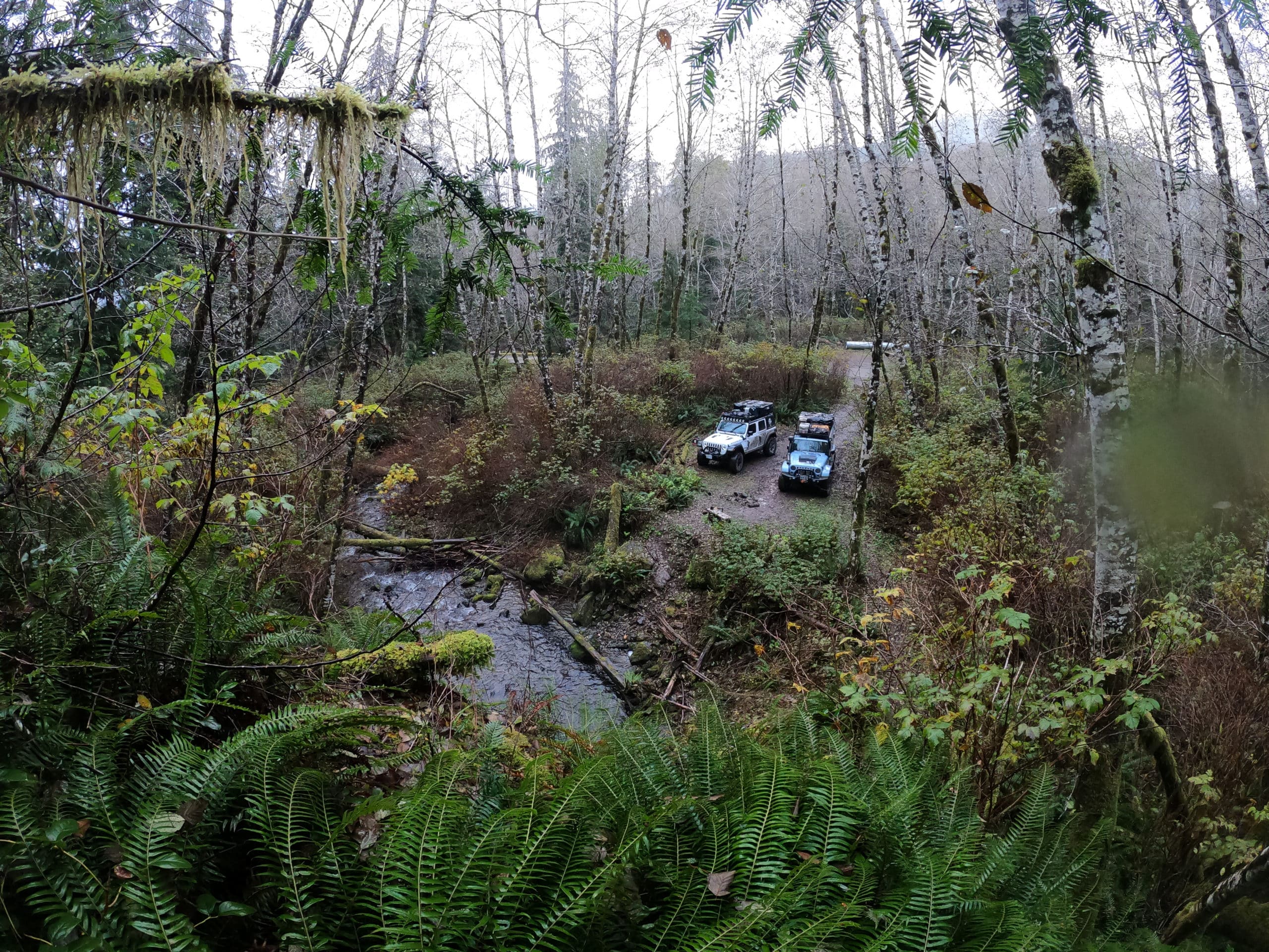 2 jeeps parked off-road next to a creek