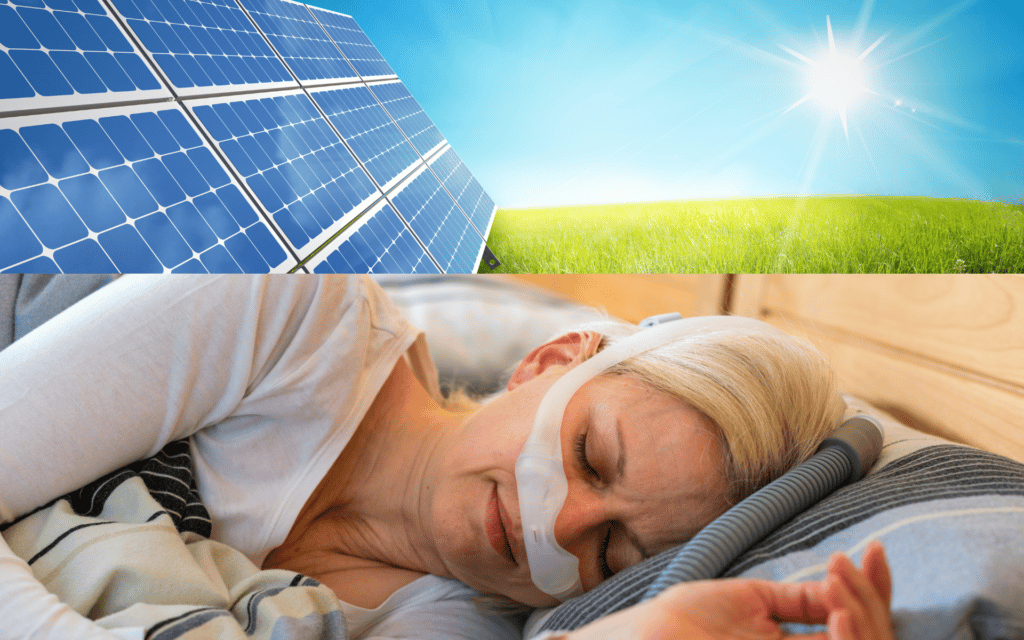 Image of a solar panel in sun on top half of picture. Bottom half is a woman sleeping while using a CPAP machine