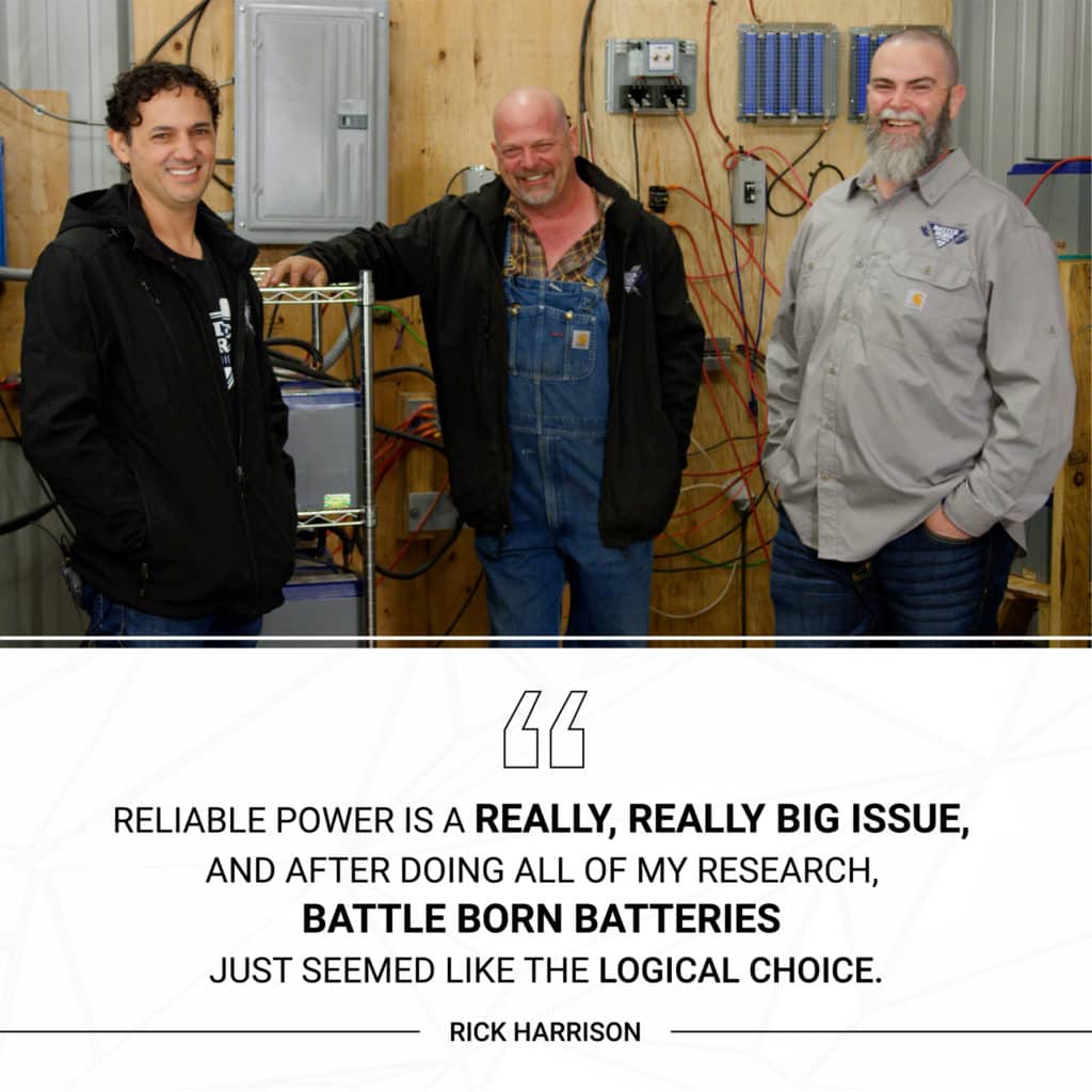 Image of Rick Harrison with Denis Phares with a quote of his underneath reading "reliable power is a really, really big issue, and after doing all of my research, Battle Born Batteries just seemed like the logical choice"