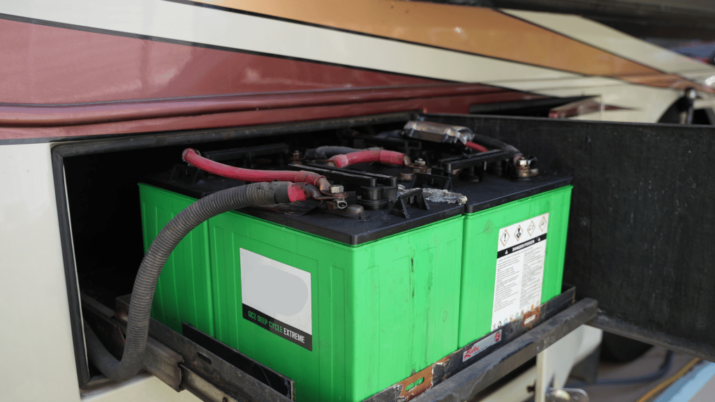 two green lead-acid batteries in an RV