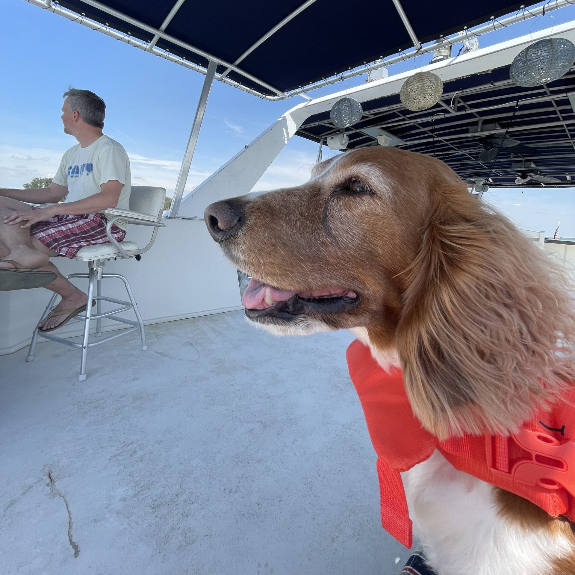 Trey Kitchens and Dog Dory on the Deep Houseboat Life Boat