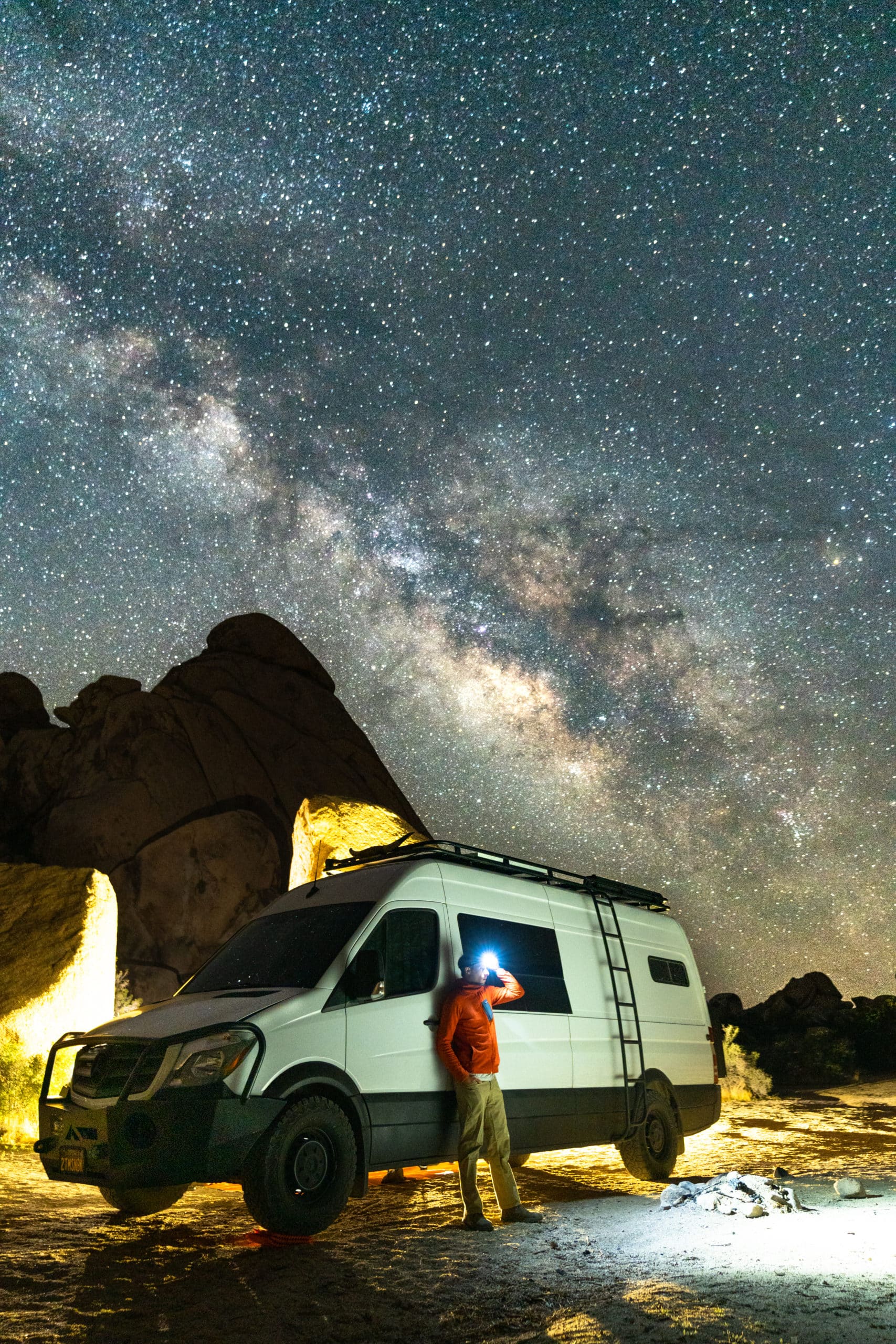 Desert Cruisers' Van in the Desert Under the Milky Way