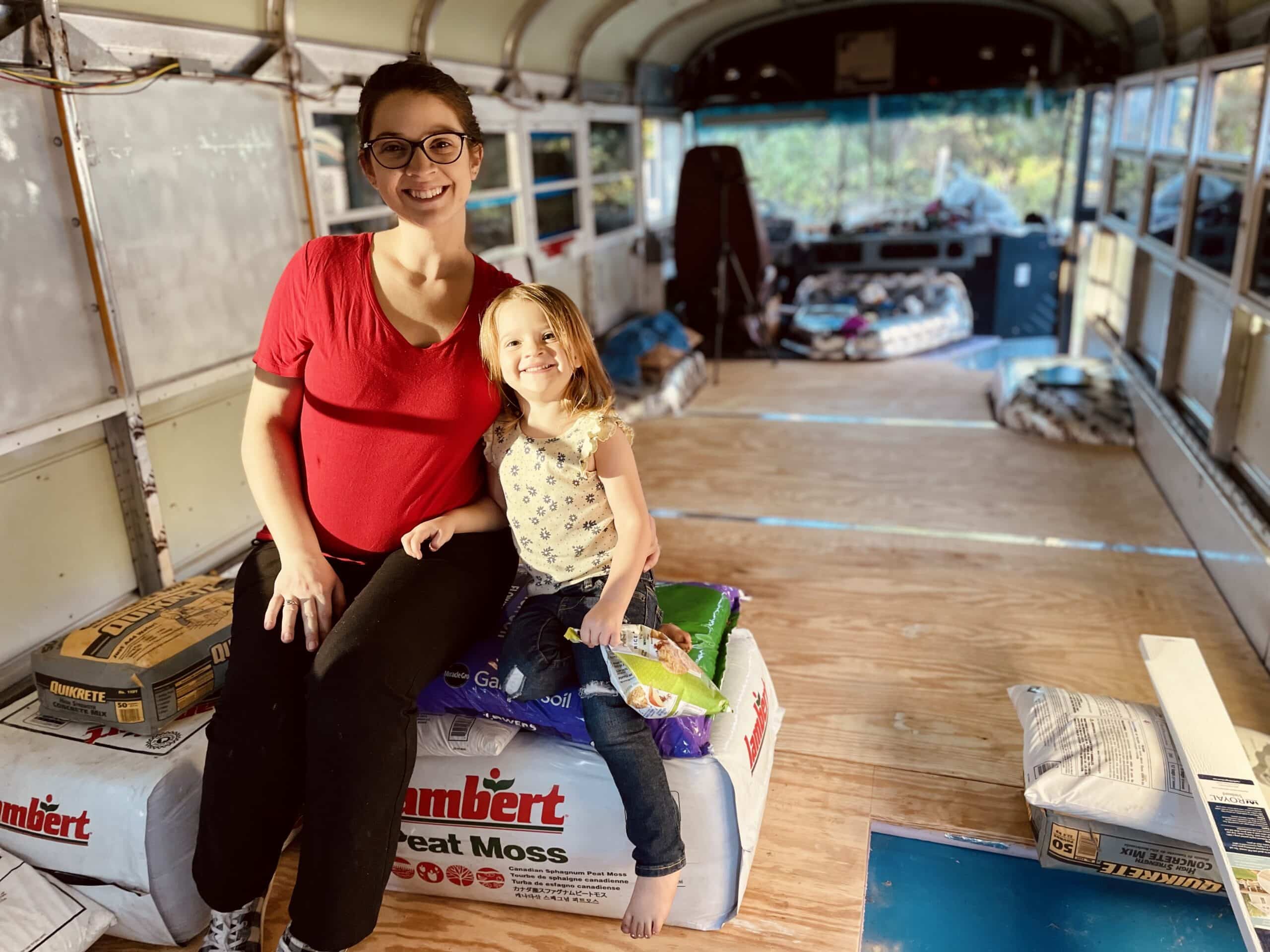 Mom and Daughter in Beginning Stages of Skoolie Build