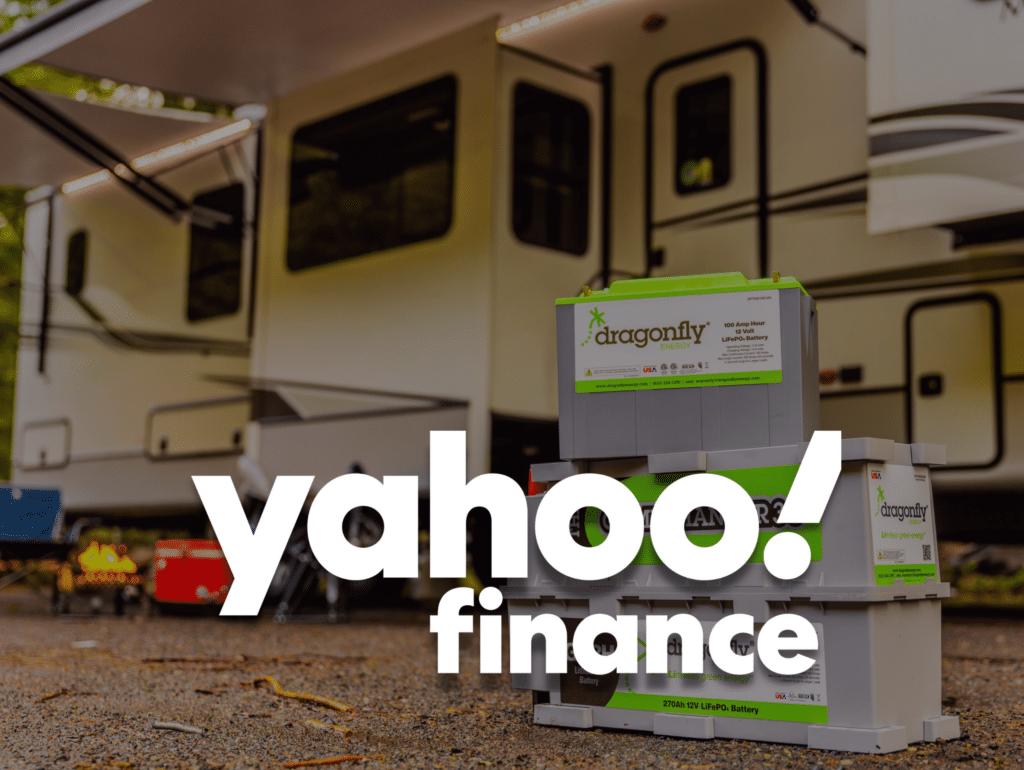 Yahoo Finance Logo Over Dragonfly Energy Batteries in Front of Keystone RV