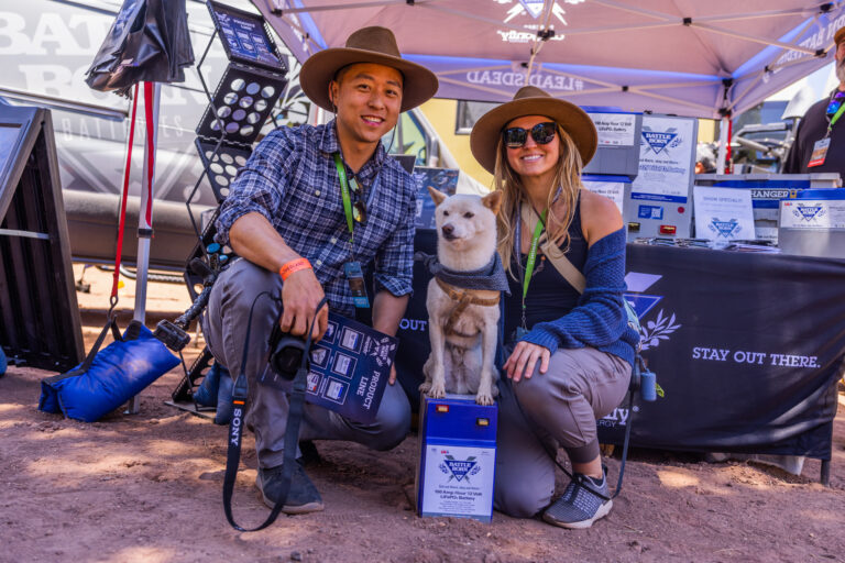Go Play Outside Mike, Lauren and Cooper at Battle Born Booth at Overland Expo West