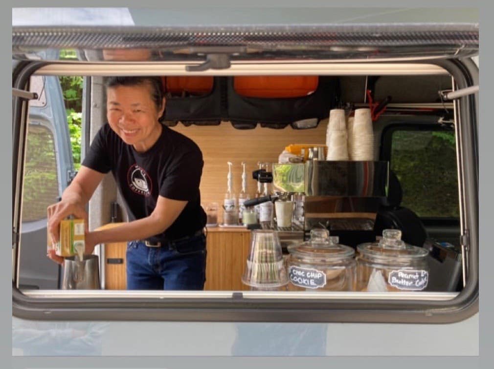 Michele Wong working in the Where's Coffee Girl van