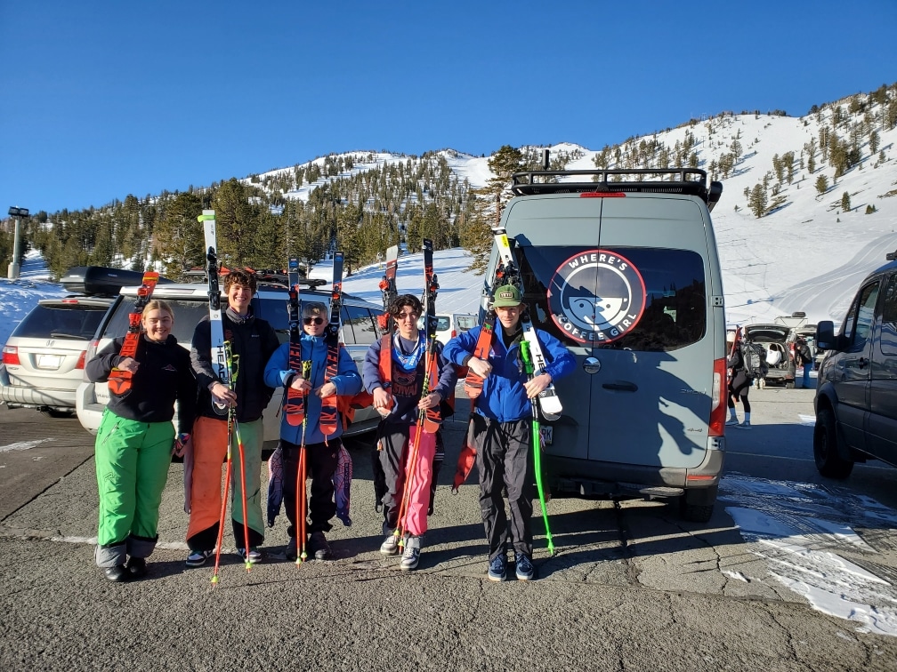 Ski Racers in front of the Where's Coffee Girl Van