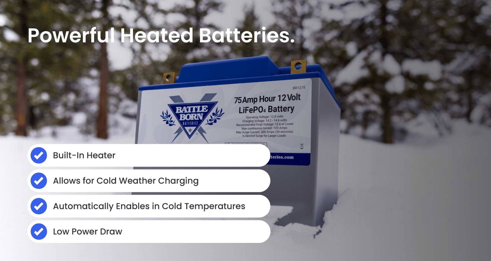 Features of the 75Ah 12V Group 24 LiFePO4 Deep Cycle Heated Battery by Battle Born Batteries