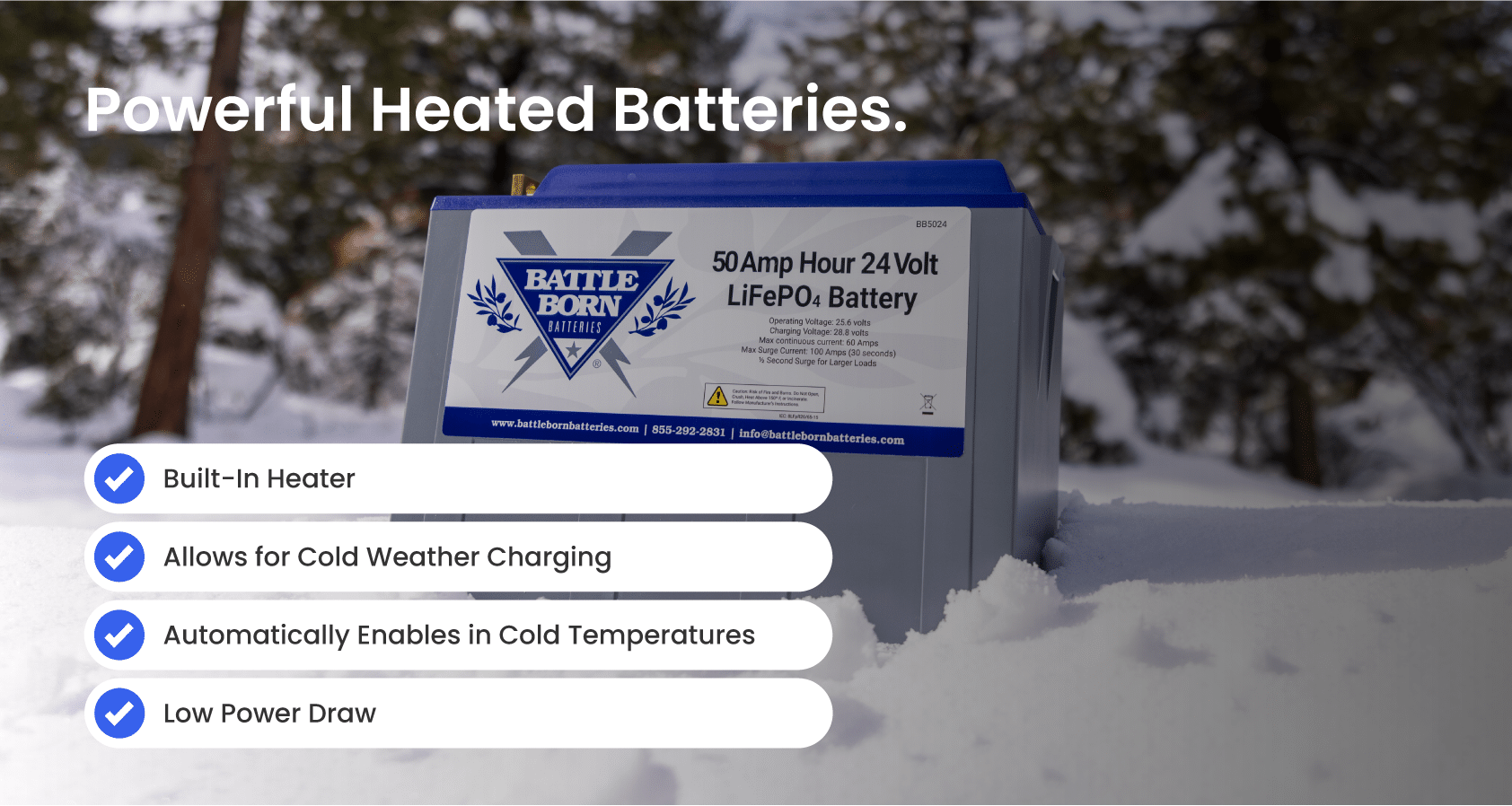 Features of the 50Ah 24V LiFePO4 Deep Cycle Heated Battery by Battle Born Batteries