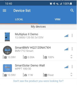 VictronConnect app screenshot of the device list