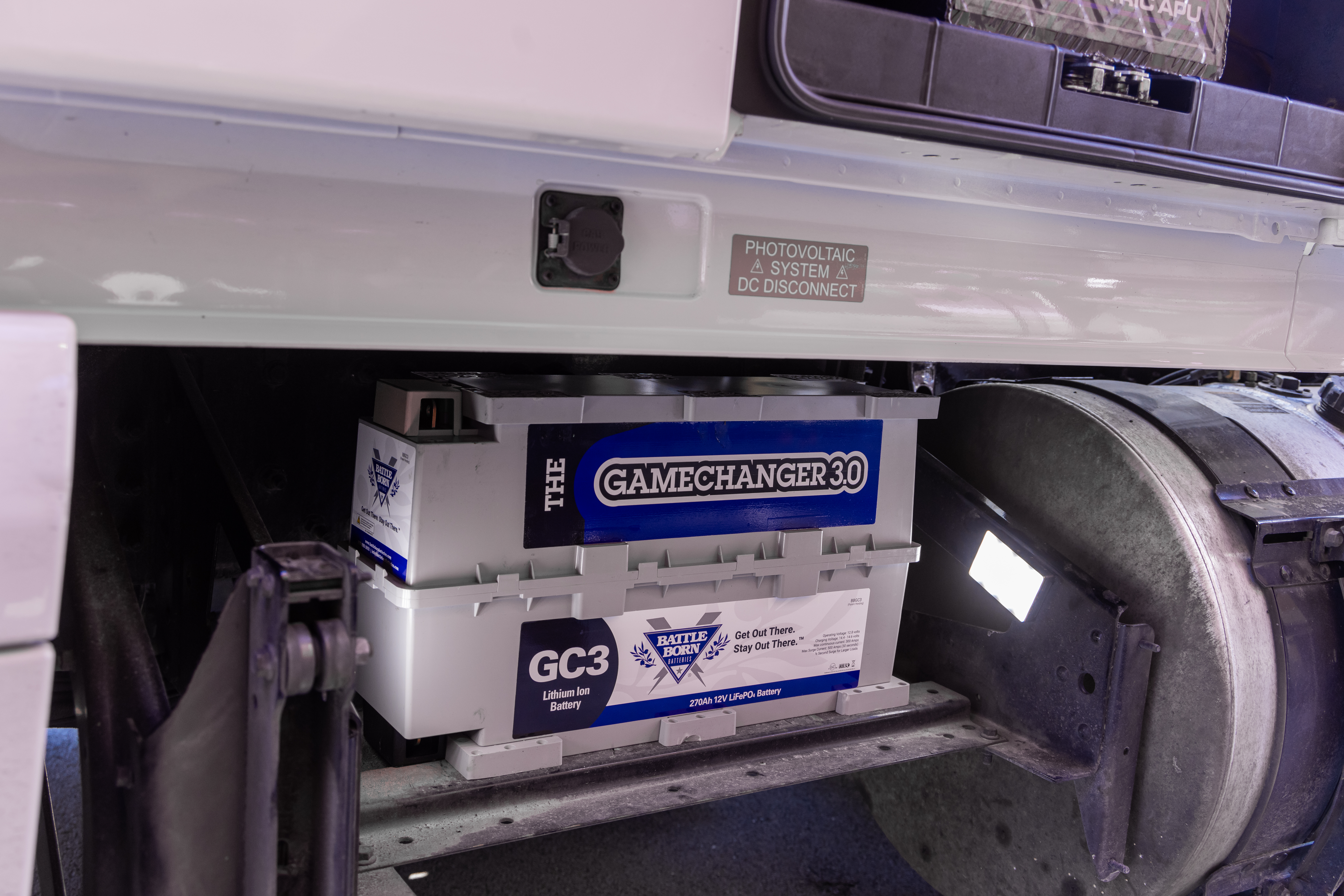 Battle Born Lithium Battery under a long haul truck