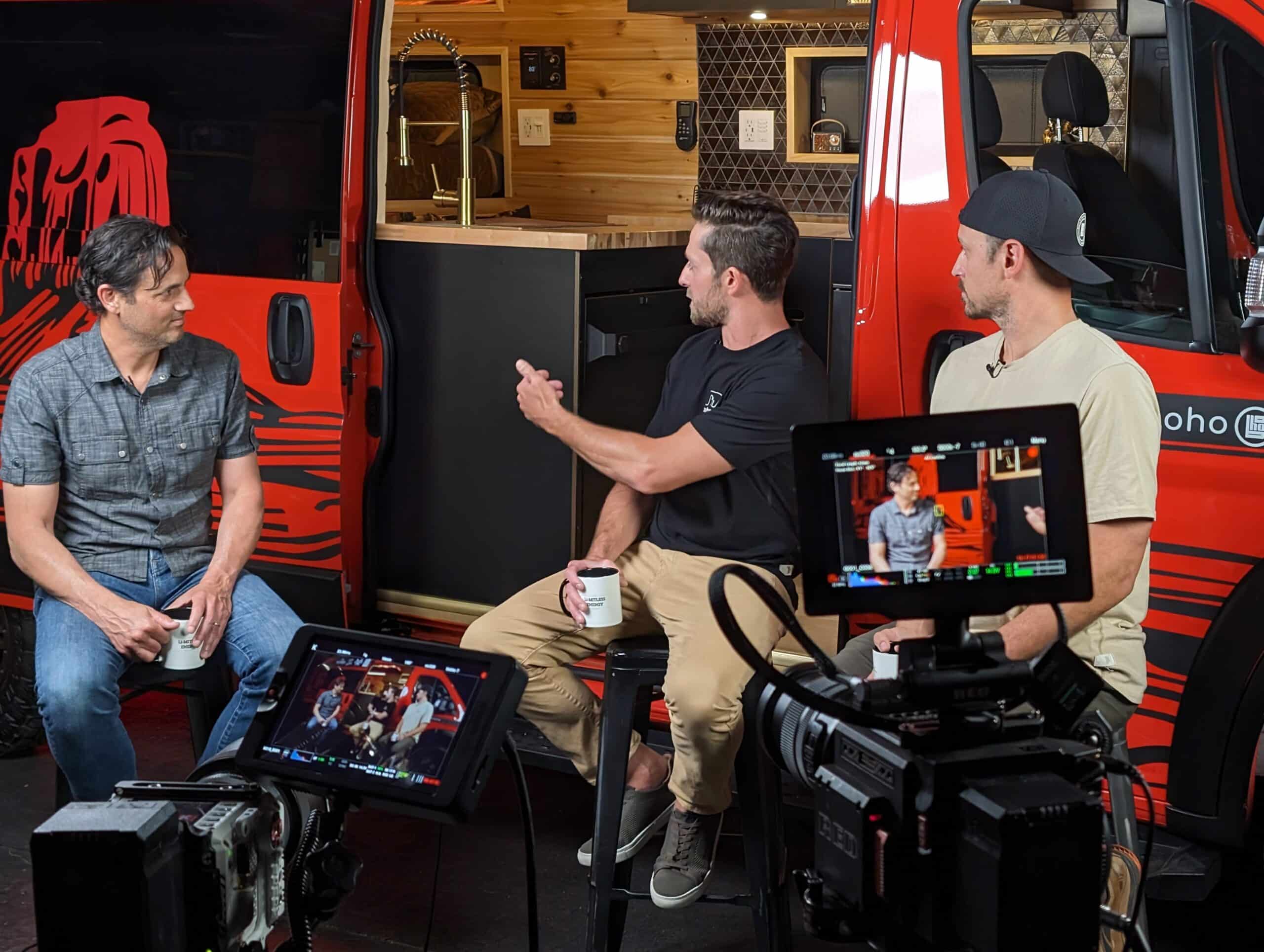 Brett Sodemann, David Ellenson, and Denis Phares recording an episode of the Li-MITLESS Energy podcast